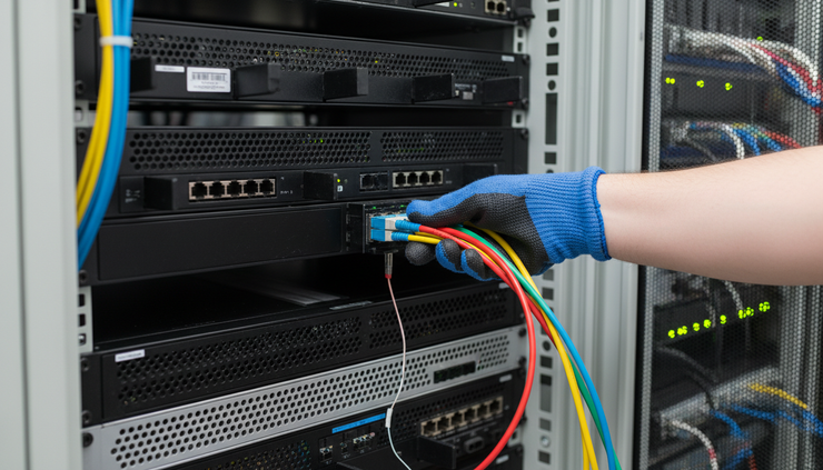 Eye-level view of a technician’s hand connecting fibre cables inside a network cabinet.