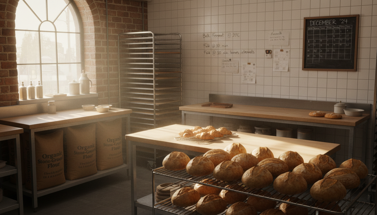 Wide-angle view of a small bakery production area preparing orders with labelled trays and handwritten process notes