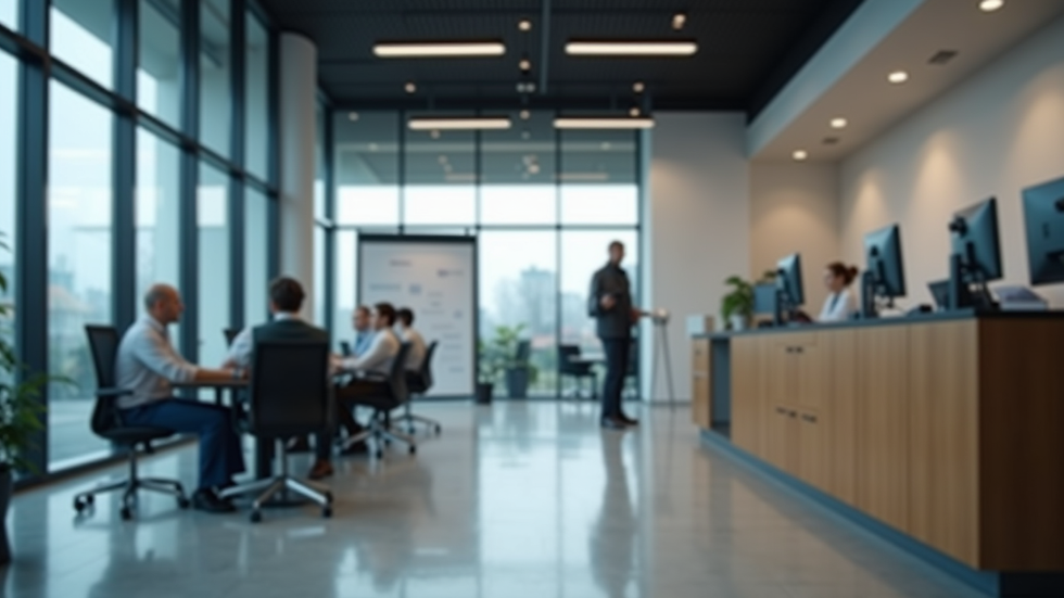 Eye-level view of a modern customer service center with AI technology