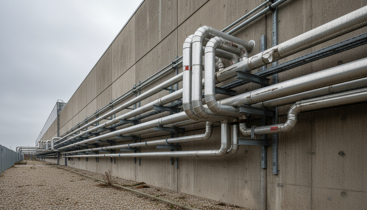 Eye-level view of insulated heating pipes running beside a data centre wall.