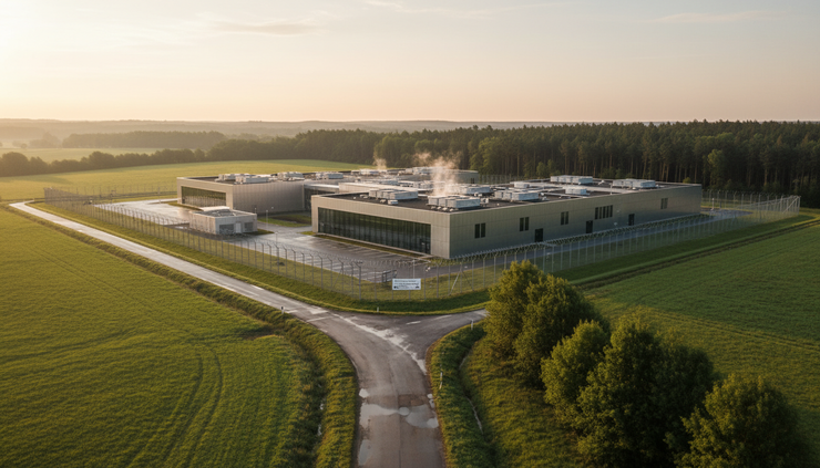Wide-angle view of a European data centre beside a quiet rural road