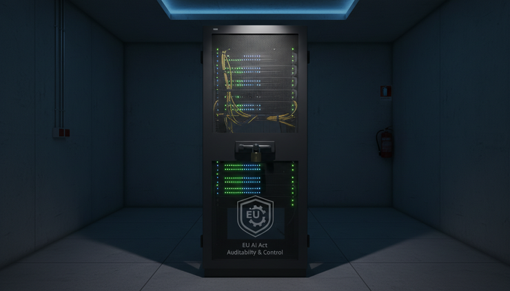 Eye-level view of a locked server rack with indicator lights in a dim technical room