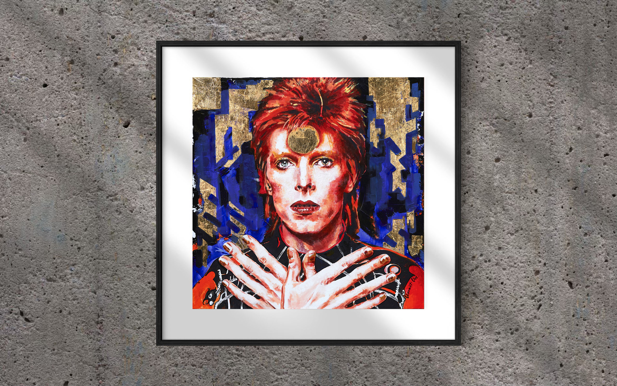 Framed Ziggy Stardust Pop Art Paper Print Music Poster with red hair crossed hands on dark blue background and Gold
