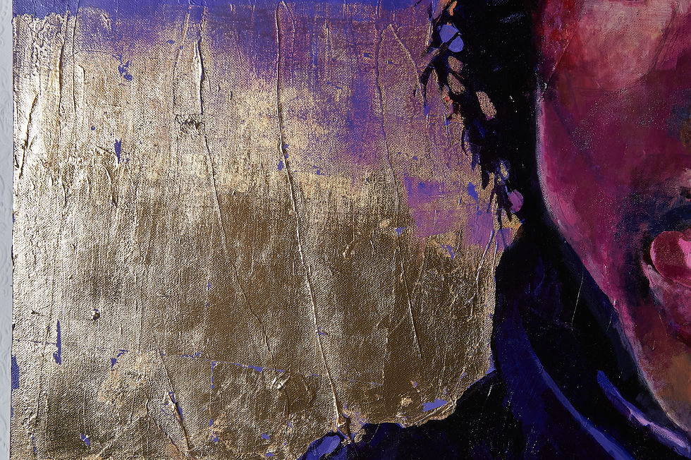 Thumbnail: Portrait of Musician Prince Pop Art Paper Print of painting in vibrant purple colour with Gold Leaves detail of the gold