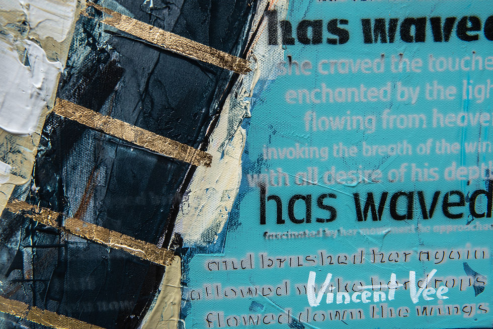 Thumbnail: ABSTRACT PAINTING Detail with text in subdued pastel teal and black colour with Gold lines