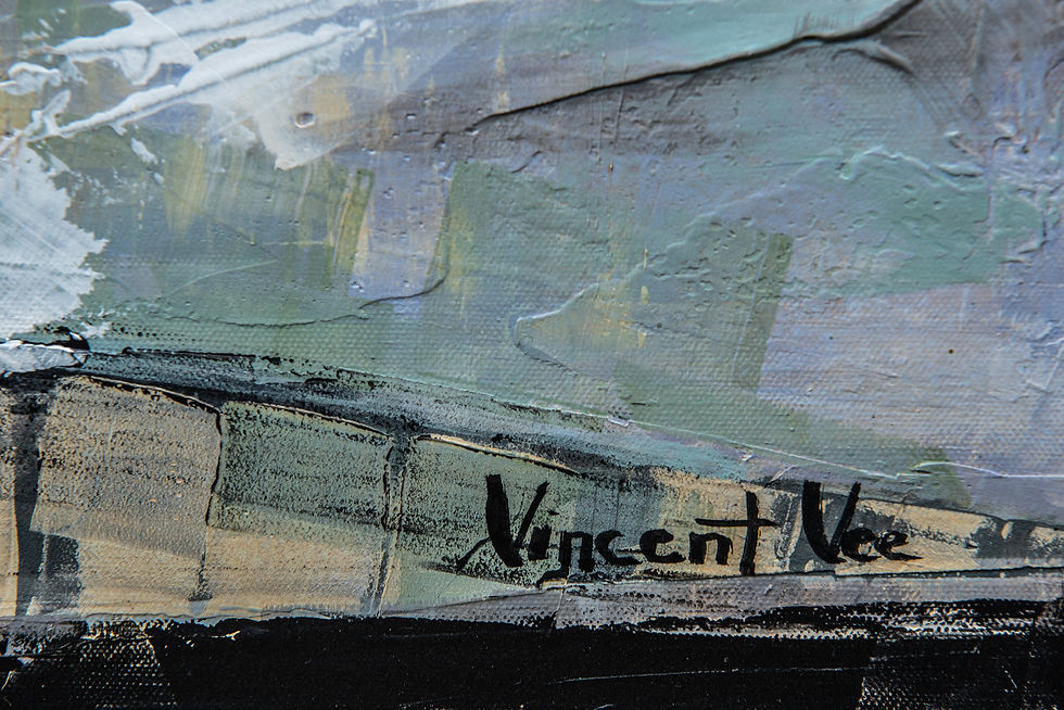 Thumbnail: Detail of the Abstract Painting with Vincent Vee Artist Sign: Sailboat and Wind in subdued pastel colours