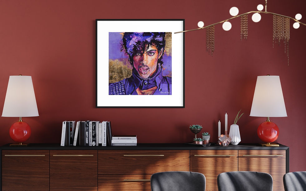 Thumbnail: Portrait of Musician Prince Pop Art Paper Print of painting in vibrant purple colour with Gold Leaves on burgundy wall