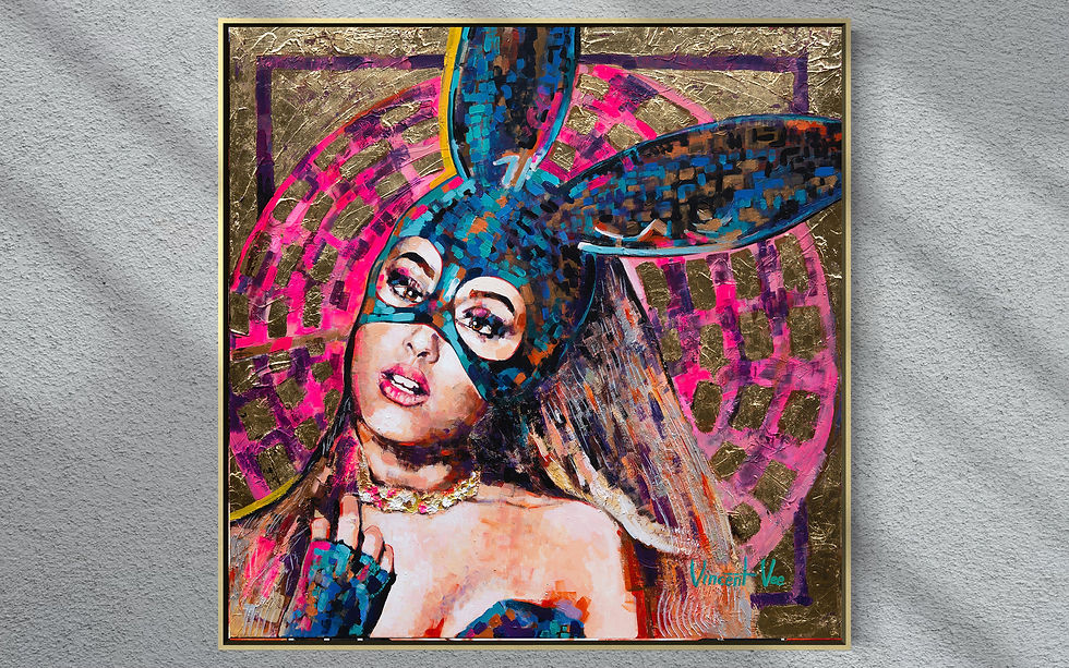 Thumbnail: Hot Bunny Girl in blue bunny mask Pop Art Painting with pink background and Gold Leaves