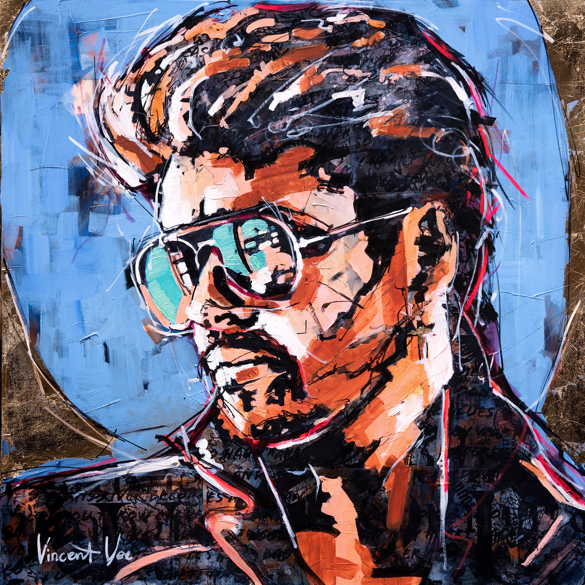 George Michael in teal Sunglasses Pop Art and Street Art Acrylic Painting with Blue and gold background