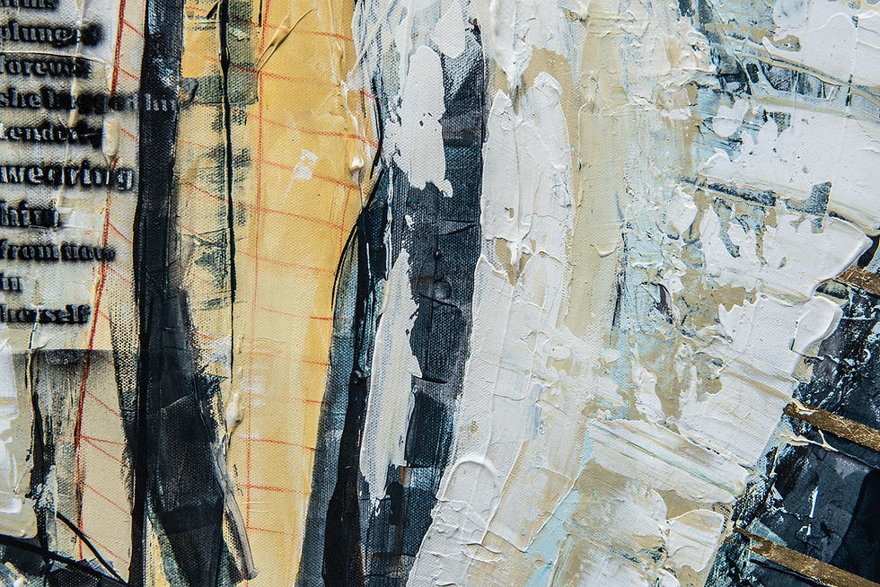 Thumbnail: ABSTRACT PAINTING Detail with text in subdued pastel white, yellow and black colours