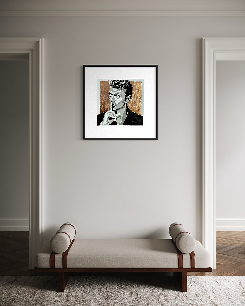 Thumbnail: David Bowie pop art portrait by Vincent Vee, limited edition 4/30, acrylic spray paint on gold aluminium dibond, black frame