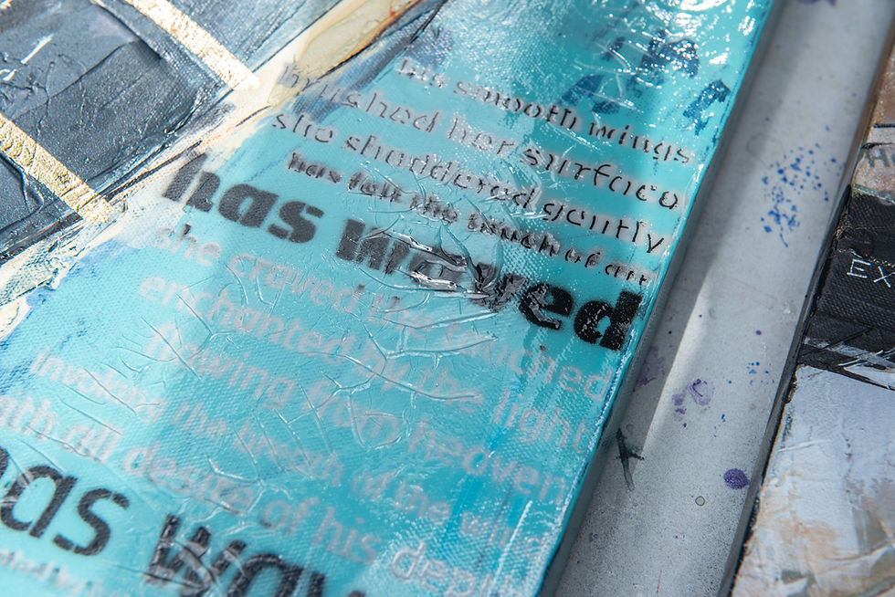 Thumbnail: ABSTRACT PAINTING Detail with text in subdued pastel teal colour