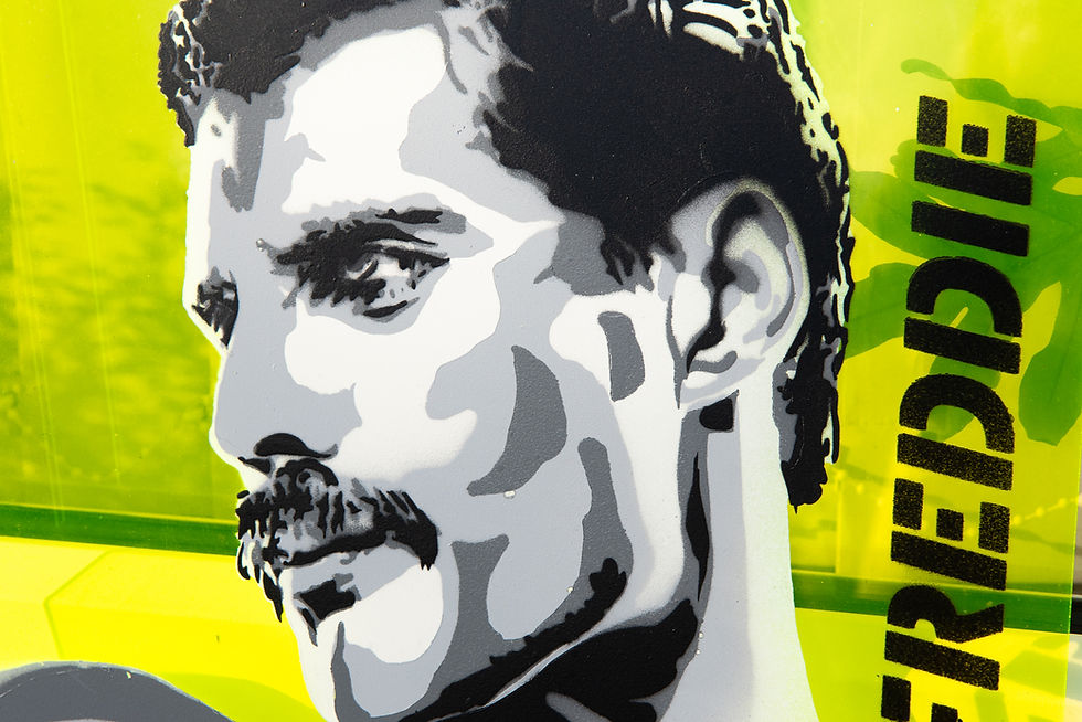 Thumbnail: Face Detail of Black and White Original Stencil Artwork of Freddie Mercury