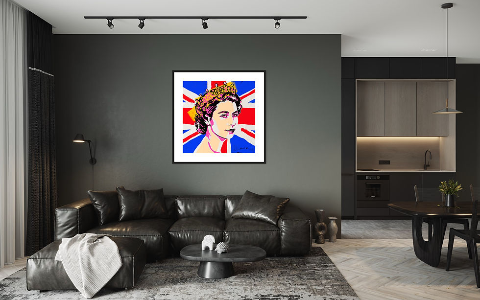 Thumbnail: Regal Remembrance: Limited Edition Pop Art Print of QUEEN ELIZABE TH II on Union Flag background on Dark Green wall in room