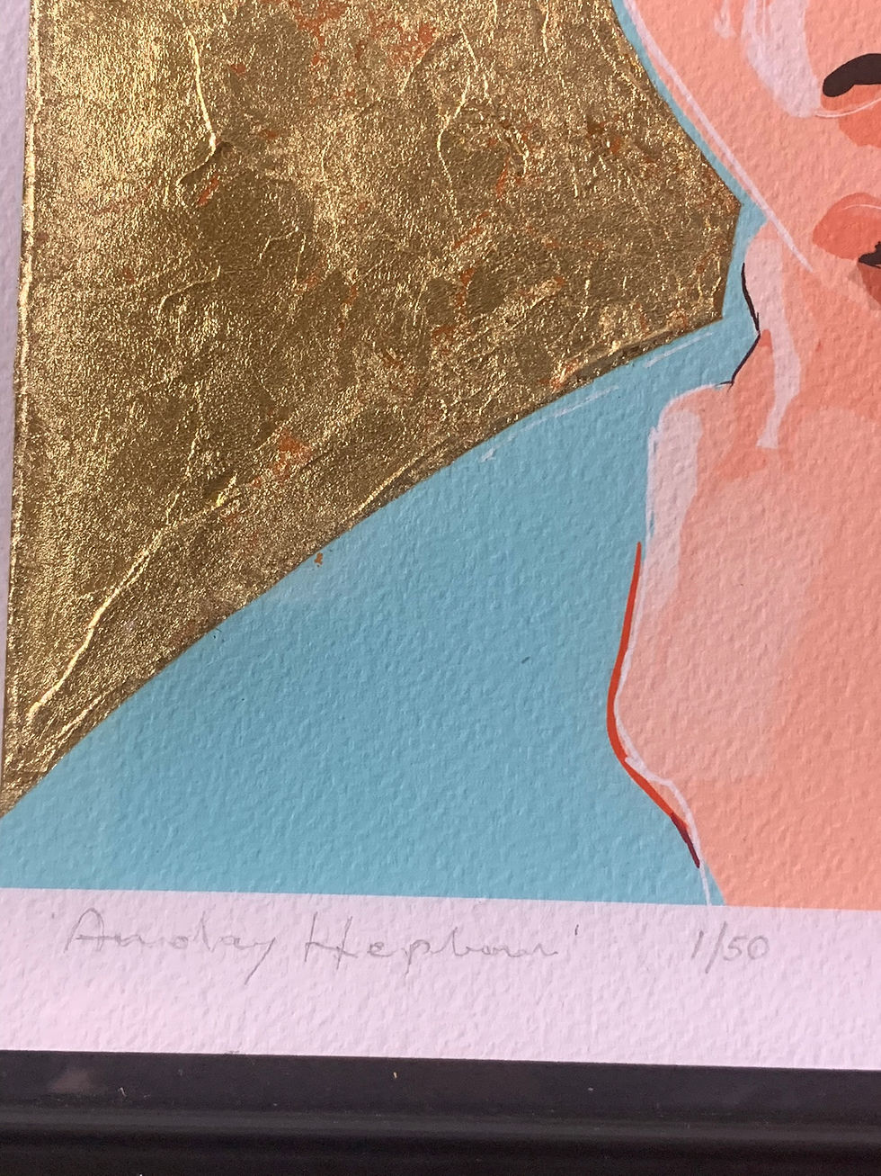 Thumbnail: Detail of gold and teal Breakfast at Tiffany's: Audrey Hepburn original Framed Mixed Media Art