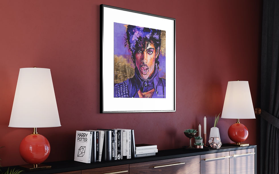 Thumbnail: Portrait of Musician Prince Pop Art Paper Print of painting in vibrant purple colour with Gold Leaves on burgundy wall
