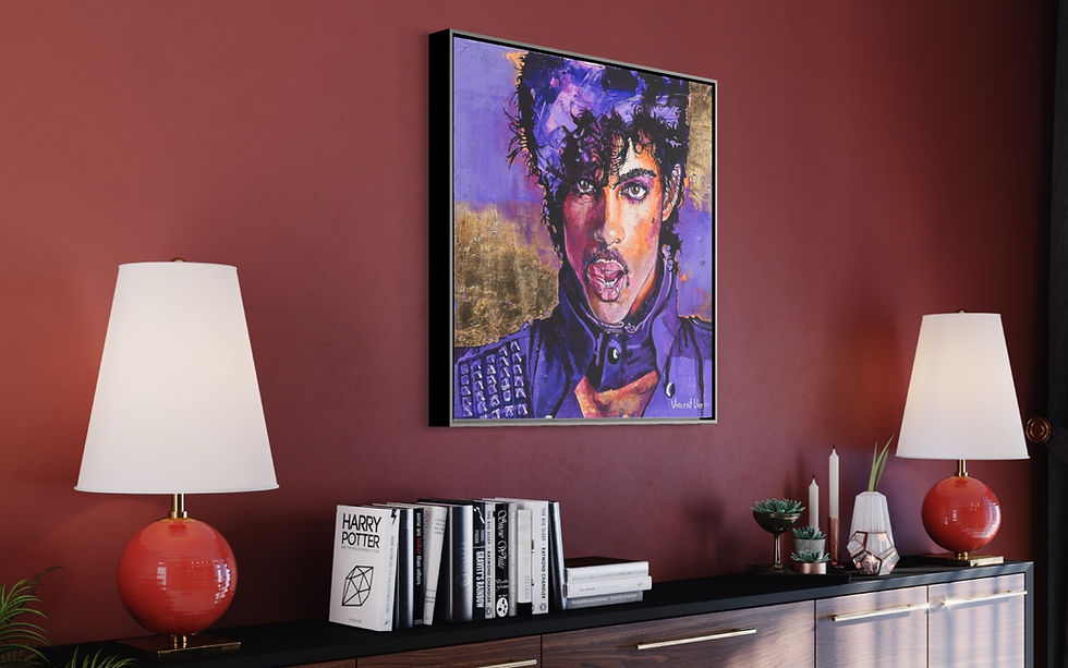 Thumbnail: Singer Prince Extra Large Canvas Print of Purple and gold Pop Art painting on the burgundy wall