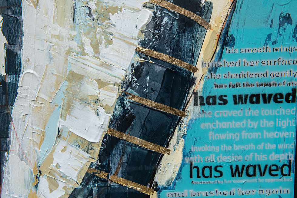Thumbnail: ABSTRACT PAINTING Detail with text in subdued pastel teal and black colour with Gold lines and text