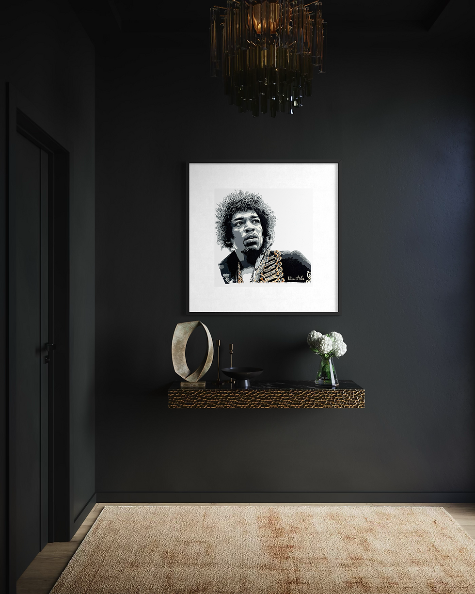 Jimi Hendrix pop art portrait by Vincent Vee, limited edition 2/30, detailed acrylic painting on aluminium dibond, black fram