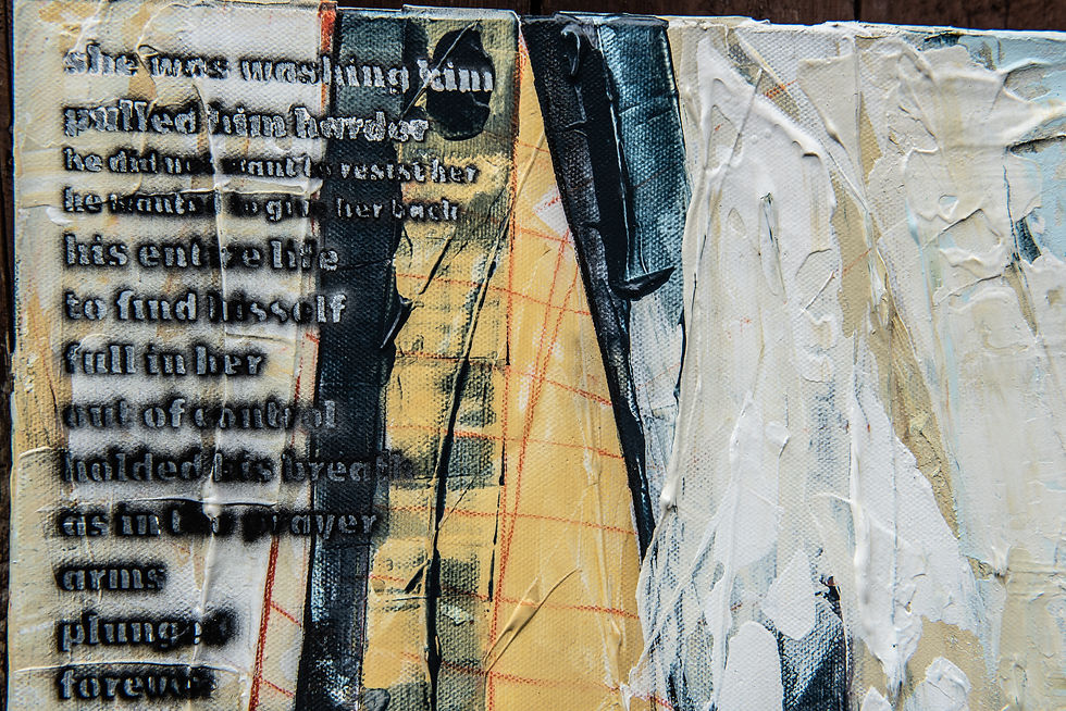 Thumbnail: ABSTRACT PAINTING Detail with text in subdued pastel white, yellow and black colours
