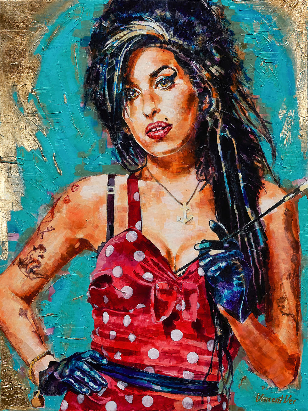 Thumbnail: Pop Art painting Amy Winehouse in red dress with white dots, cigarette in hand with Handmade Gold Leaves on teal background