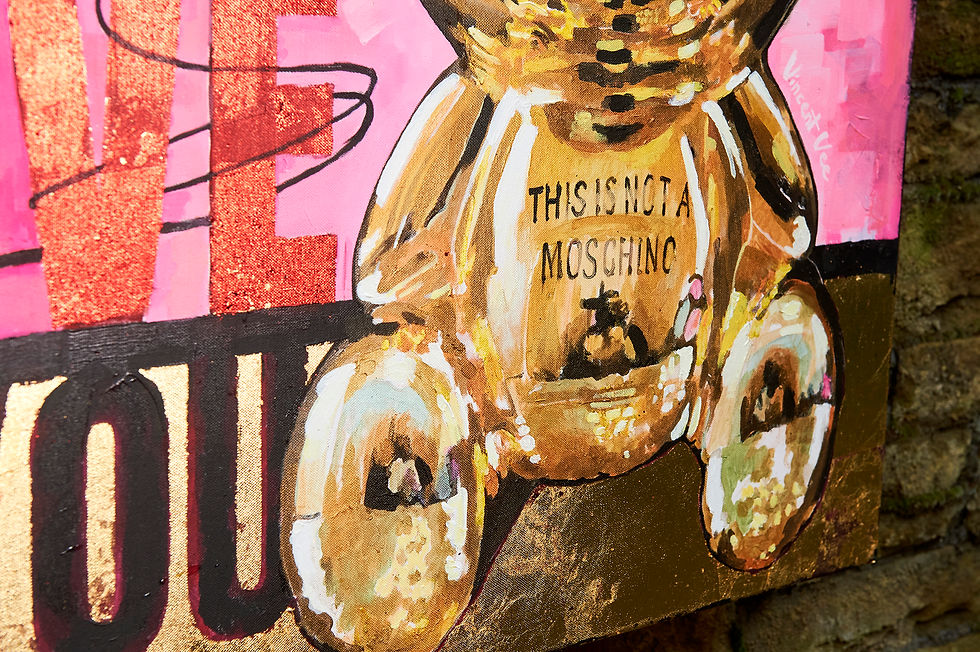Thumbnail: Gold Moschino Bear Painting Detail With text I am not Moschino Bear