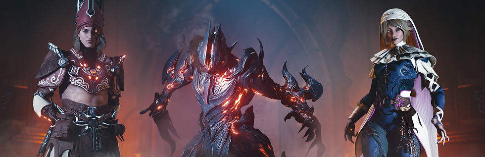 Three fantasy characters in elaborate armor stand together in a dark, mystical setting with glowing red and blue accents.