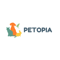 Horizontal version of the Petopia logo with the animal silhouettes and bird to the left of the word ‘PETOPIA’ in uppercase dark blue letters.