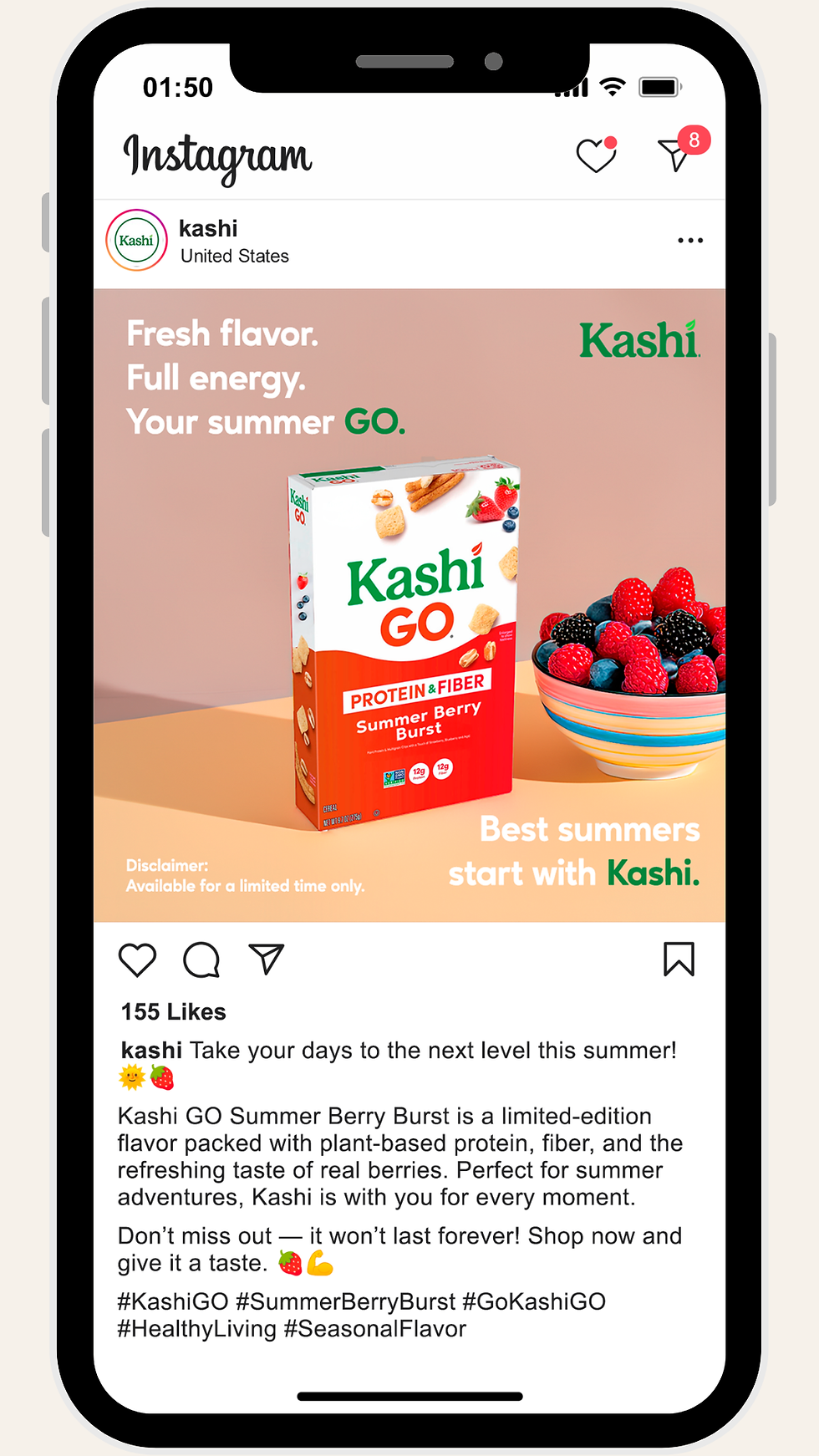 Post no Instagram promovendo o cereal Kashi GO com frutas frescas e mensagem de energia para o verão.