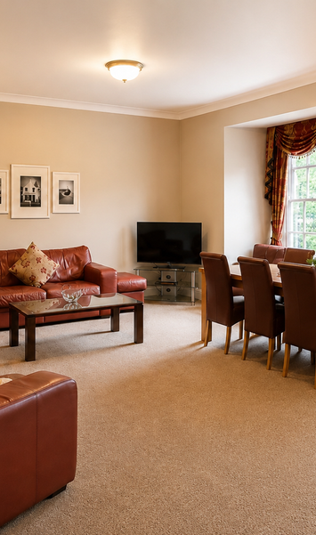 A wooden dining table for eight people next to comfortable leather sofas in a neutrally decorated living room.