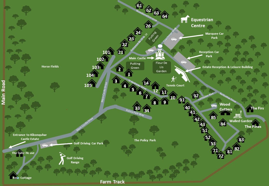 Map of Kilconquhar Castle Estate showing accommodation and facilities.