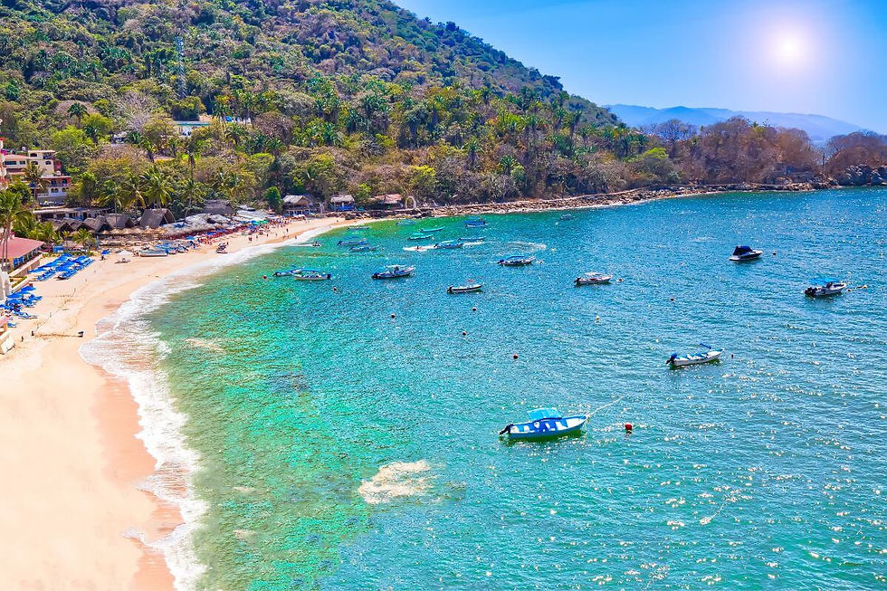 Scenic view of Puerto Vallarta beach with boats on the water and lush hills in the background, highlighting the beauty of the Pacific side of Mexico.