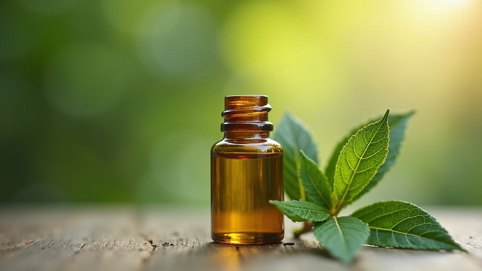 Close-up view of a small bottle of tea tree oil with leaves