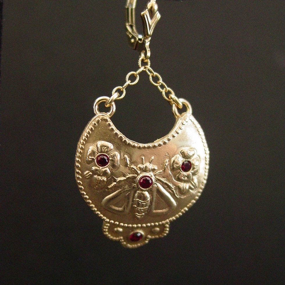 Thumbnail: Byzantine moon shaped chandelier earrings with garnets