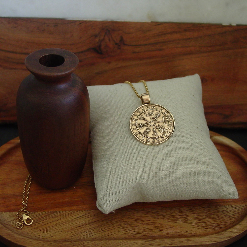 Thumbnail: Vegvísir Wayfinder Viking compass pendant on props