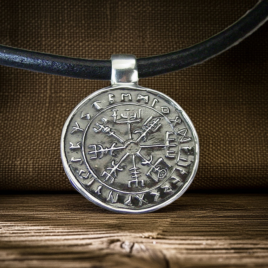 Thumbnail: Viking Compass necklace leather on table