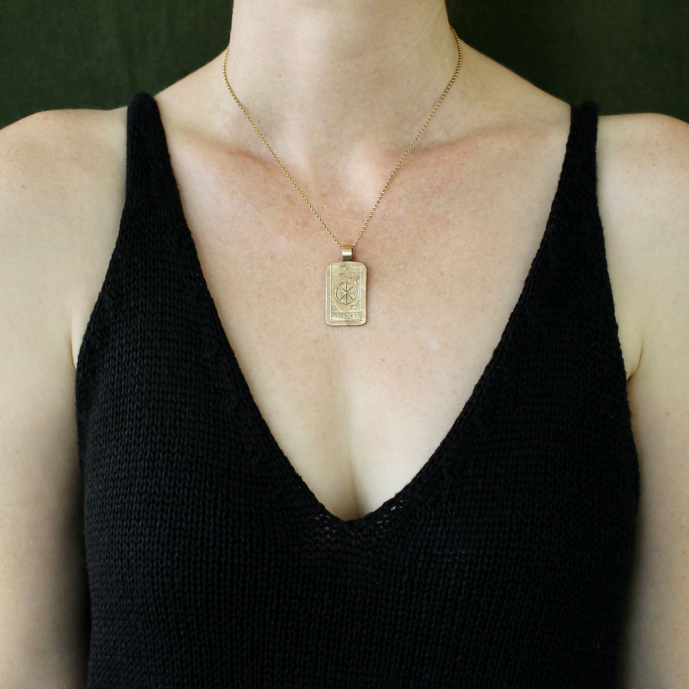 Tarot card necklace on model