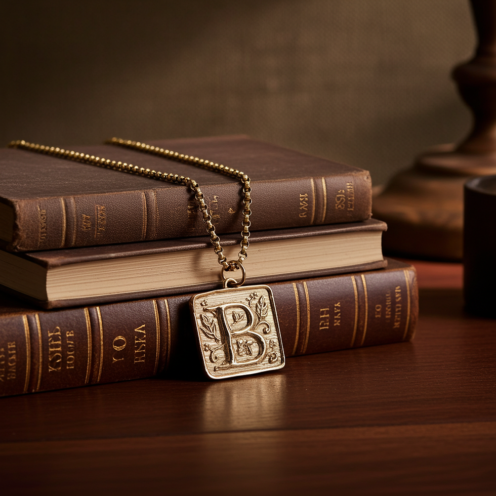 B initial necklace on books