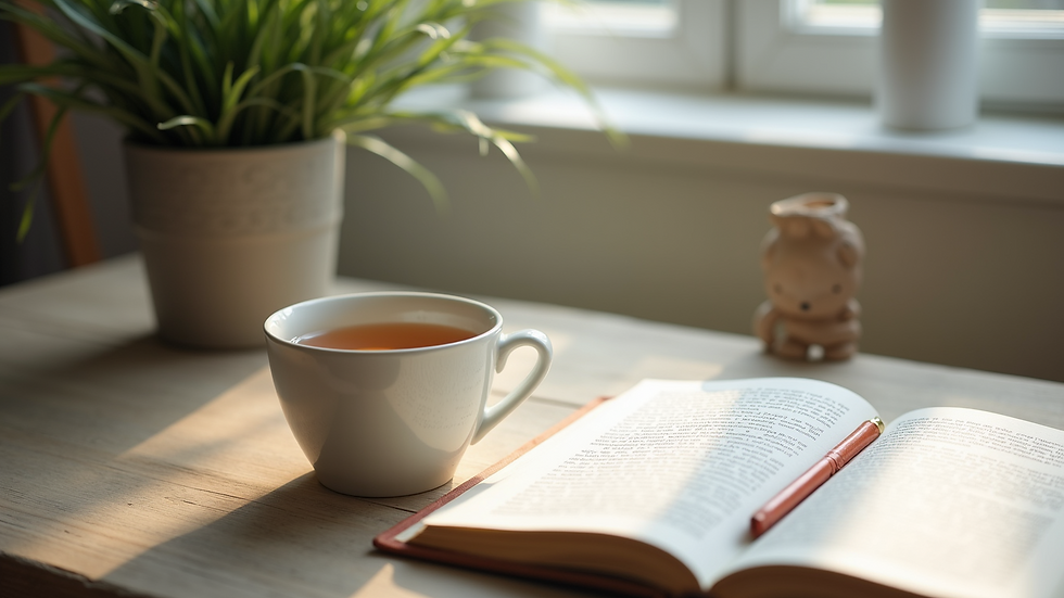 Eye-level view of a calm workspace with a cup of tea and a leadership journal