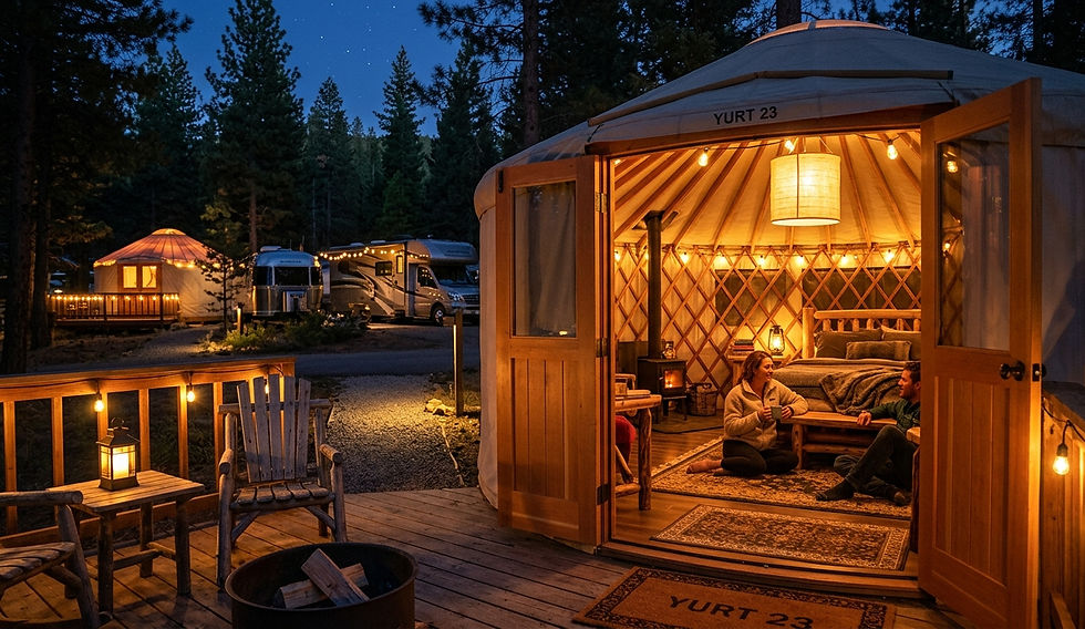 Cozy yurt at night with open door, two people chatting inside by a bed. Warm lights and trees outside. Yurt 23 sign visible.