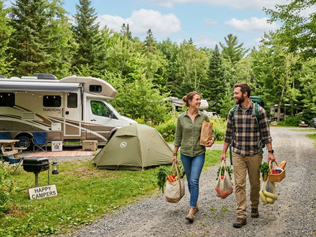 Couple carrying groceries near an RV and tent in a forest campsite, smiling. Sign reads "Happy Campers." Greenery and blue sky.