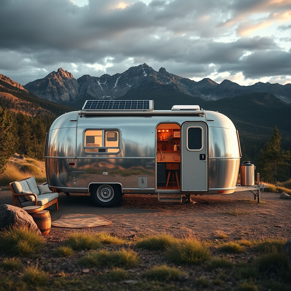 A shiny trailer with solar panels sits in a mountainous landscape. Warm light glows from inside. A chair and barrel are outside, under cloudy skies.