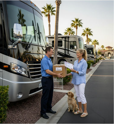 Man in blue shirt hands package to woman outdoors near RVs; small dog sits beside her. Palm trees and clear sky in the background.
