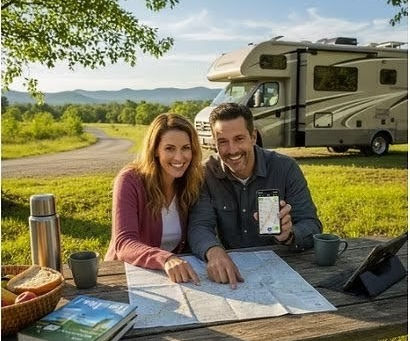 Smiling couple at a picnic table with a map, smartphone, and coffee, near an RV in a scenic countryside setting. Bright and cheerful mood.