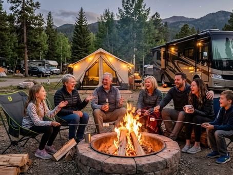 Family around a campfire roasting marshmallows, smiling. RV and tent in the background, surrounded by trees. Warm, cozy evening vibe.