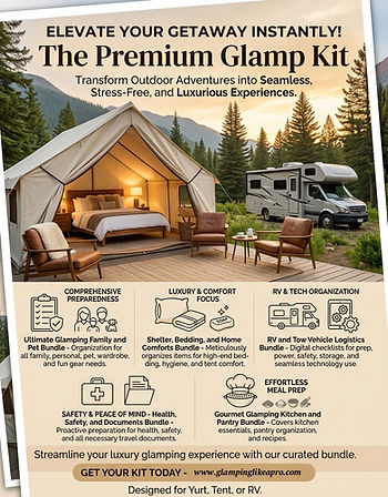 RV and tent by a lake at sunset, with a campfire, chairs, and table in foreground. Text: "The Premium Glamping & RV Adventure Digital Toolkit."