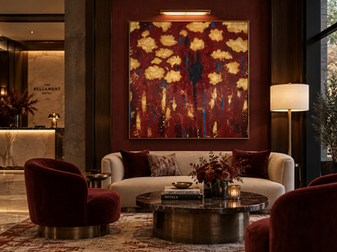 Rot-goldenes Originalgemälde von Why Jucyy in einer KI-generierten Hotel-Lounge als Raumvisualisierung.