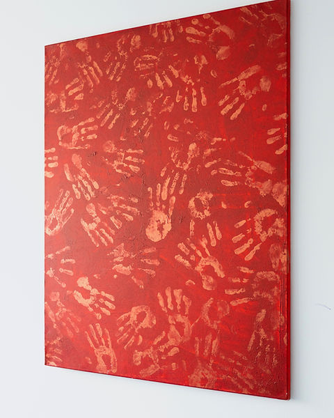 Abstract painting ESCAPE by Why Jucyy with metallic copper-coloured hand forms that glow in warm light.