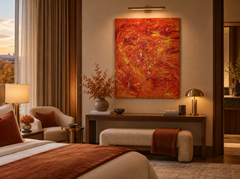Orange-rotes abstraktes Originalgemälde von Why Jucyy in einem KI-generierten Hotelzimmer als Raumvisualisierung.