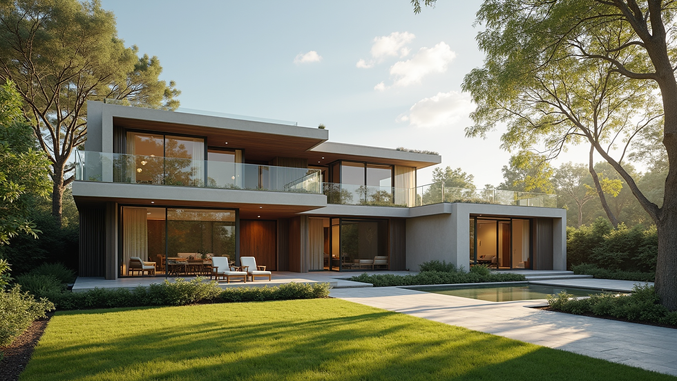 Wide angle view of a beautifully renovated house exterior
